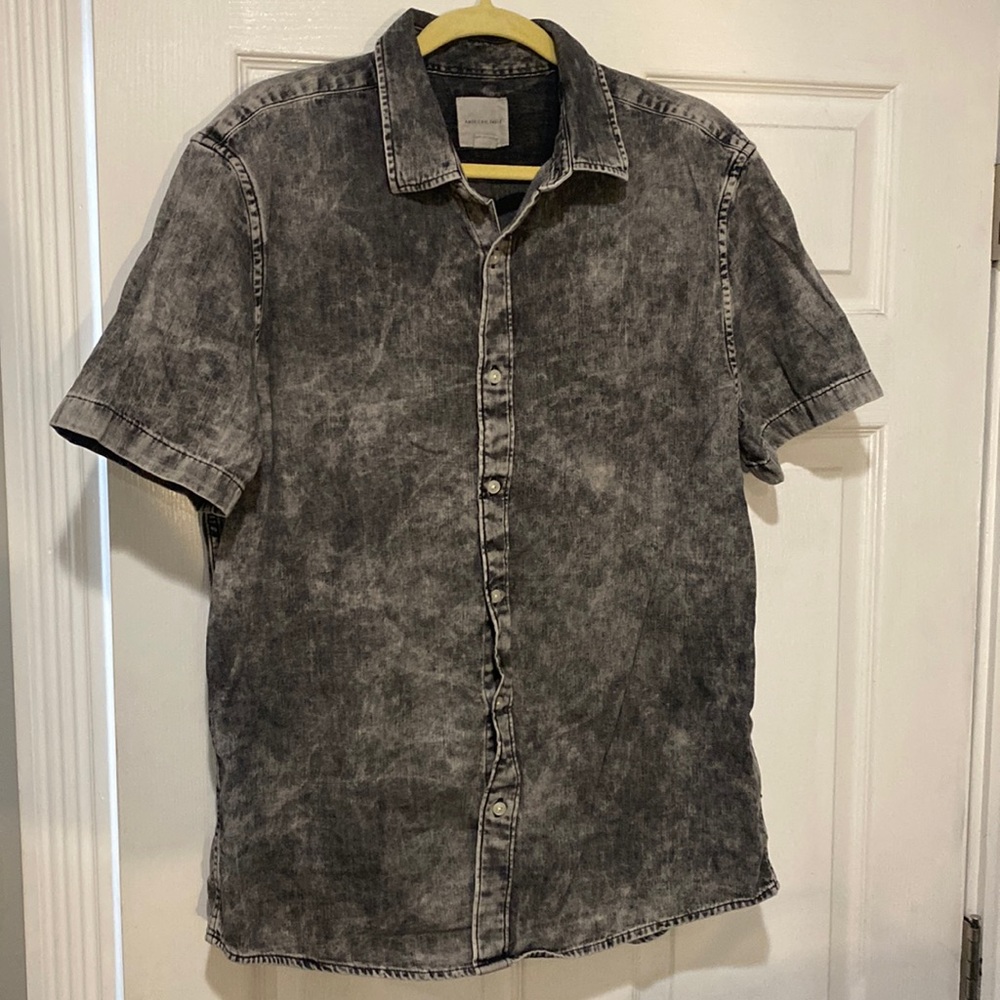 Distressed Grey Short Sleeved Button Up